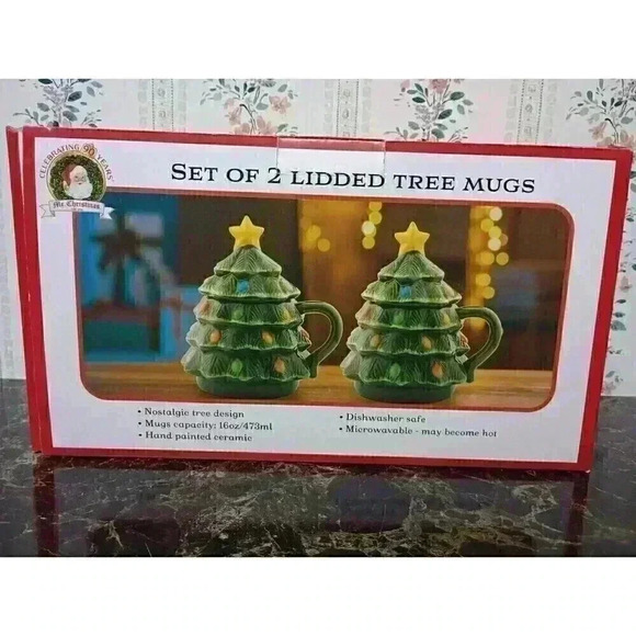 Mr. Christmas Ceramic Decorative Christmas Tree Lidded Mugs, 16oz, Set of 2 - Picture 4 of 4